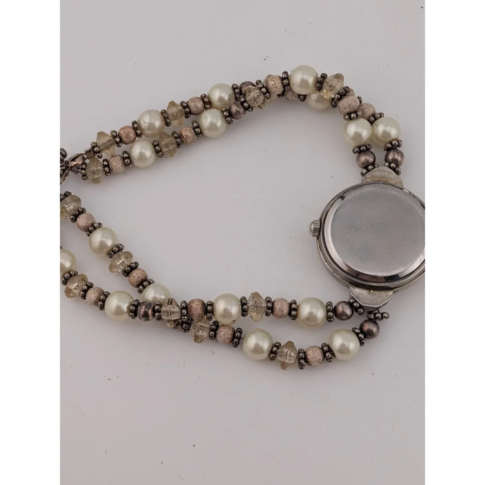 Geneva Silvertone Heart Bracelet Watch with Pearl Beads